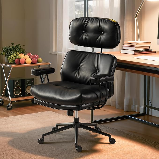 Home Office Desk Chair, Mid-Century Modern Office Chair with Adjustable Lumbar Support, Thickened Cushion Executive Desk Chair with 360 Rolling Swivel for Meeting Game Study Room(Black)