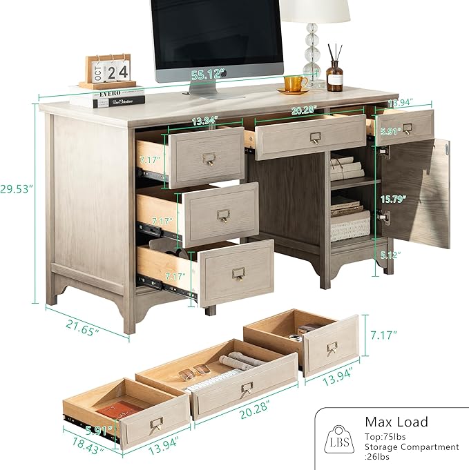 Chogori 55" Solid Wood Executive Desk, Farmhouse Office Computer Desk with 5 Drawers & Storage Cabinet, Wooden Writing Table for Home Office Study Bedroom,Gray