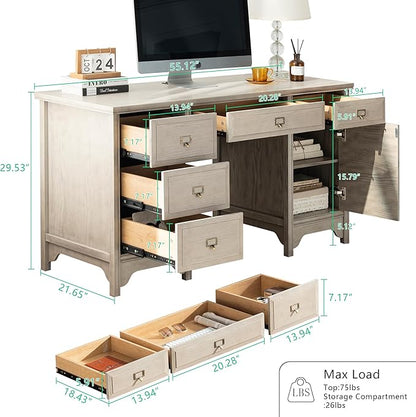 Chogori 55" Solid Wood Executive Desk, Farmhouse Office Computer Desk with 5 Drawers & Storage Cabinet, Wooden Writing Table for Home Office Study Bedroom,Gray