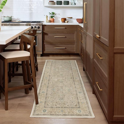 RUGGABLE Washable Vintage Area Rug – Kamran Ivory Opal 8 ft Round, Stain-Resistant, Non-Slip – Large Machine Washable Rugs for Living Room, Bedroom, Hallway, Entryway & Office–with Standard Pad