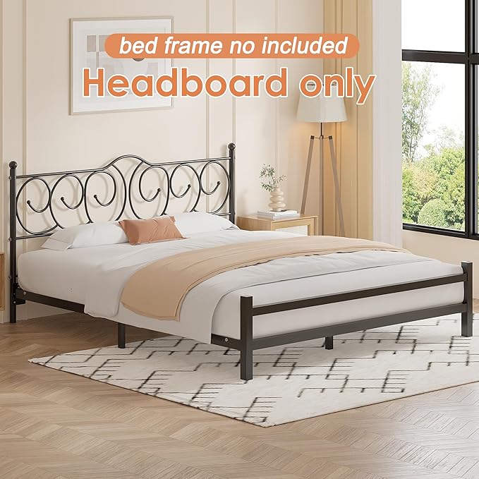VECELO Metal King Size Headboard, Heavy Duty Curved Headboard Only Height Adjustable, Easy to Assembly, Farmhouse Victorian Style for Bedroom - Black, King