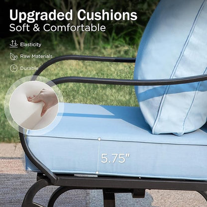 PHI VILLA Patio Furniture with 1 x 45 Metal FirePit Table, 1 x 3-Seat Wide Deep Seating Bench, 2 x Swivel Sofa Chairs & 2 Ottomans, 5.75" Thick Cushioned Outdoor Conversation Set for 5, Light Blue