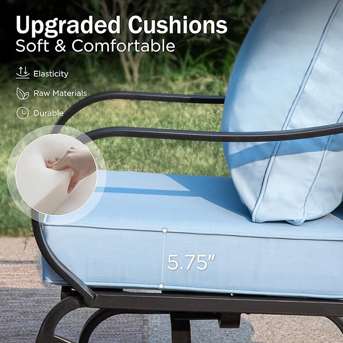 PHI VILLA 5 Piece Patio Furniture Set with 28" Firepit Table, 4 Outdoor 5.75" Cushioned Metal Frame Swivel Sofa Chairs & 28" Gas Firepit Table, Outside Furniture Set for Lawn Garden(Light Blue)