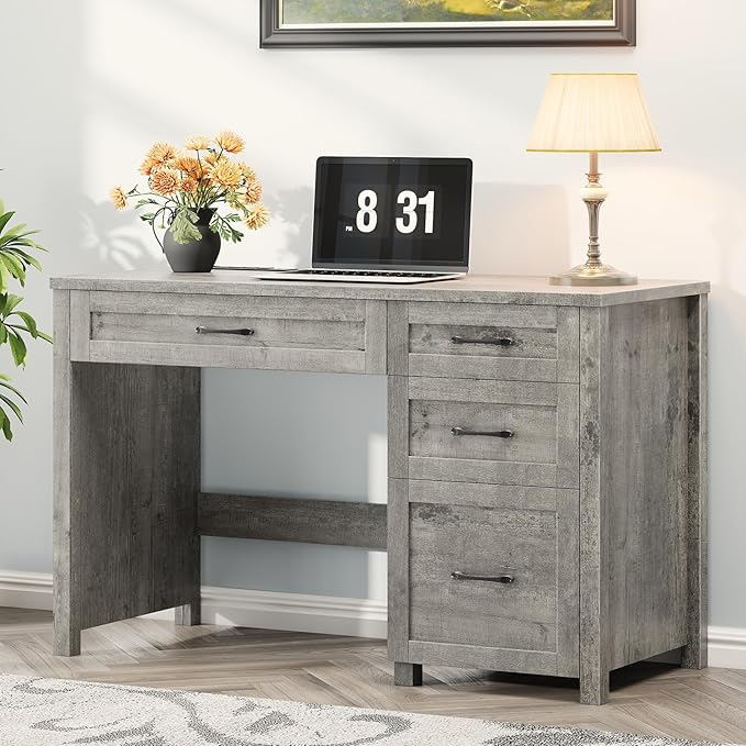 Farmhouse 47" Executive Desk, Computer Desk with File Drawer and Charging Station, Workstation for Home Office, Study（Grey）.