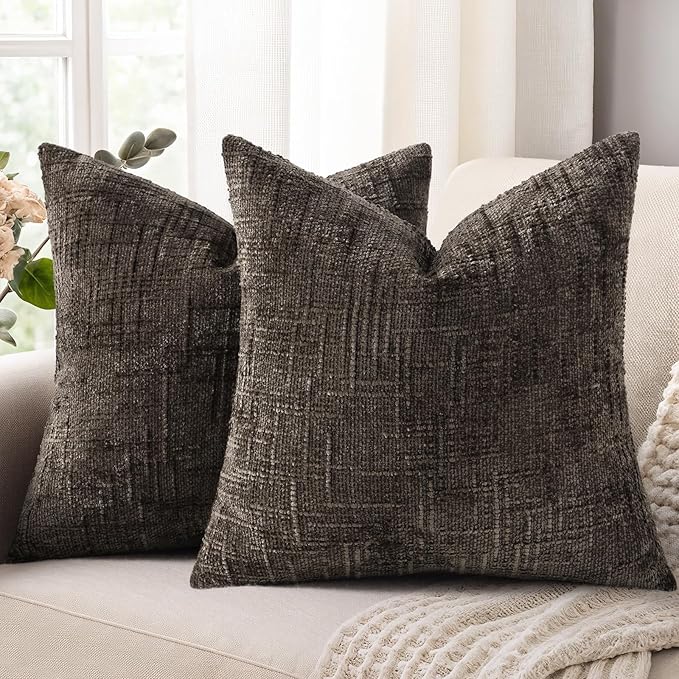 decorUhome Dark Brown Chenille Throw Pillow Covers 24x24 Set of 2 Thick Textured Slubby Couch Pillow Covers Farmhouse Accent Modern Neutral Decorative Pillow Cases for Bed Sofa Living Room