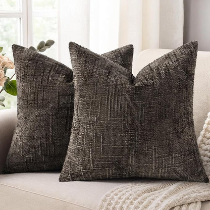 decorUhome Dark Brown Chenille Throw Pillow Covers 22x22 Set of 2 Thick Textured Slubby Couch Pillow Covers Farmhouse Accent Modern Neutral Decorative Pillow Cases for Bed Sofa Living Room
