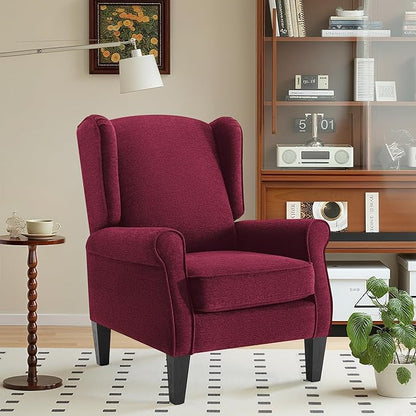 Dark Red Accent Chairs, Bedroom Burgundy Reading Chairs in Fabric, Elegant English Sidechair with Wing Back, Classic Modern Living Room Armchairs Sillas para Sala