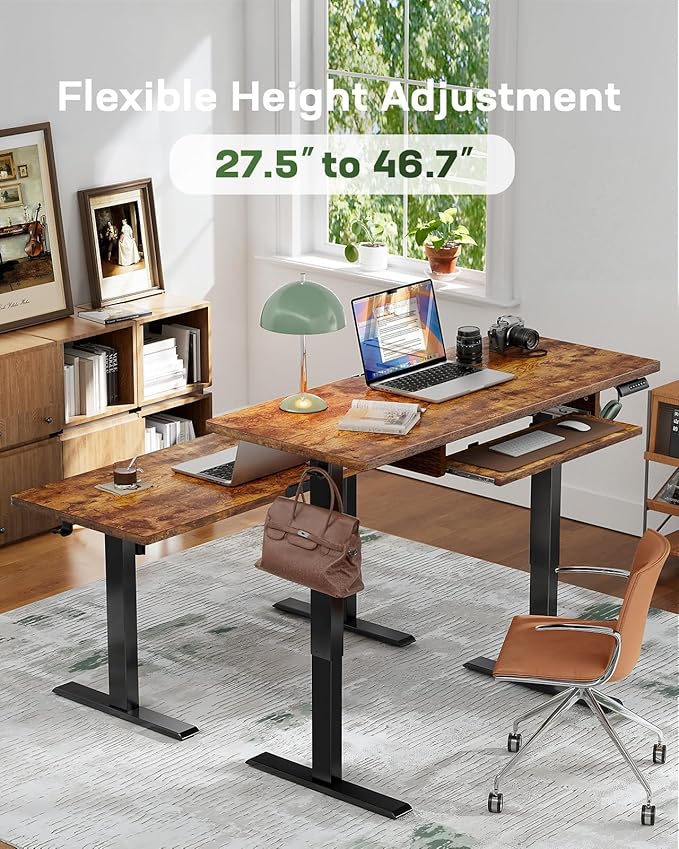 Marsail Electric Standing Desk with Ergonomic Keyboard Tray, Adjustable Desk with 27.5” to 46.7” Height Range, 4 Memory Presets, Smooth and Quiet Lifting, 48 x 24 inch Adjustable Height,TZESD14Rustic