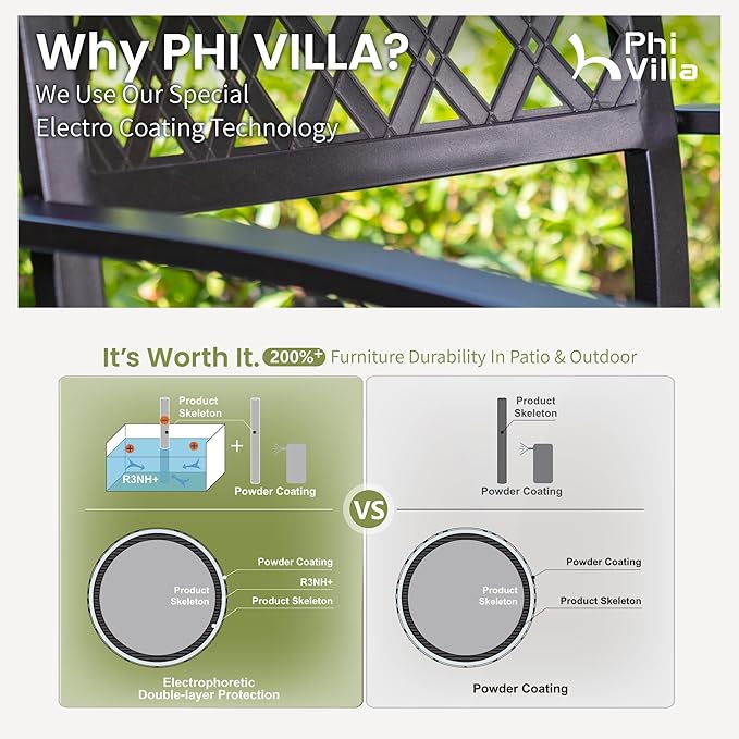 PHI VILLA Outdoor Dining Chairs Set of 2, Stackable Black Metal Wrought Iron Chairs, All Weather Dining Furniture for Patio, Deck, Proch, Backyard