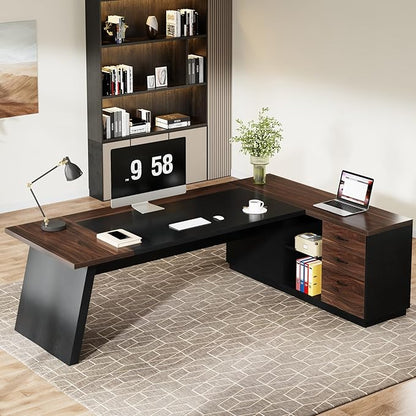 Tribesigns 78" L-Shaped Executive Desk, Large Office Desk with Drawers and Lateral File Cabinet, Business Furniture with Storage Shelves, Modern Computer Desk for Home Office, Walnut & Black