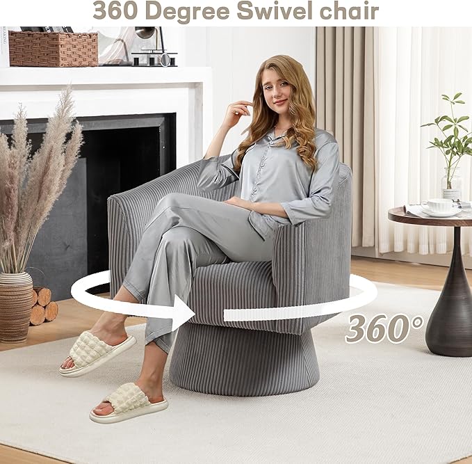 Swivel Accent Chair Set of 2, Modern 360° Swivel Barrel Chair, Corduroy Upholstered Single Sofa for Living Room, Bedroom(Gray)