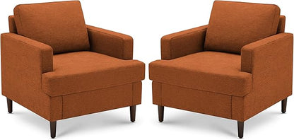 Mid-Century Accent Chair,Modern Linen Fabric Armchair for Living Room,Comfy Upholstered Reading Accent Chairs for Bedroom,Single Sofa Chair with Wood Legs (Orange, 2 Pack)