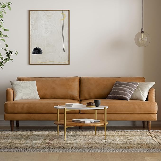 SIMPLIHOME Livingston 90-inch Wide Sofa in Sienna Top Grain Genuine Leather, Handcrafted Mid-Century Modern Couch for Living Room, Large 3-Seater with Feather-Wrapped Cushions and Solid Wood Frame