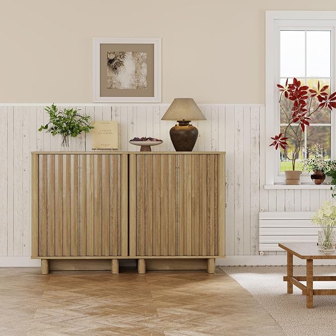 Natural Storage Cabinet Set, Freestanding Floor Cabinet 23.6” Farmhouse Sideboard with 2 Fluted Doors Wooden Buffet Cabinet Media Console Table Credenza for Living Room Dining Room Hallway, Singe