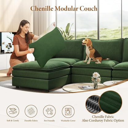 Vesgantti 142" Oversized Sectional Sofa Bed, 8-Seater Modular Sleeper Cloud Couch with Movable Ottoman, Chenille Convertible Sofa Set Deep Seat Couches for Living Room, Bedroom and Apartment, Green