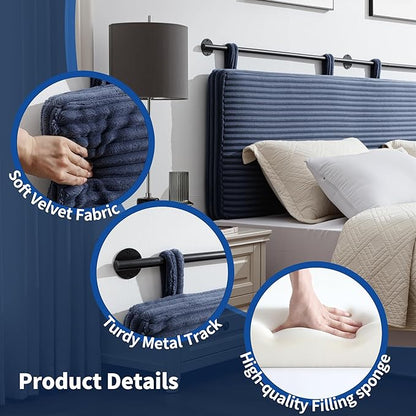 UEV Queen Headboard Only, Wall Mounted Hanging Upholstered Bed Head Board, Modern Vertical Channel Design of Fine Flannel, Elegant Dark Blue Fluted Headboard for Bedroom (Dark Blue, Queen Size)