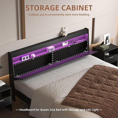 Modern Wooden Headboard Only with Storage,Wall Mount Bed Backboard with LED Light Power Outlets 2 USB Ports for Bedroom (Black, King)