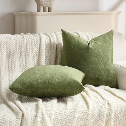FUTEI Moss Green Velvet Throw Pillow Covers 12x20 Inch Set of 2,Soft Embossed Leaf-Relief Textured Lumbar Pillow Cases,Natural Home Decor for Couch Living Room