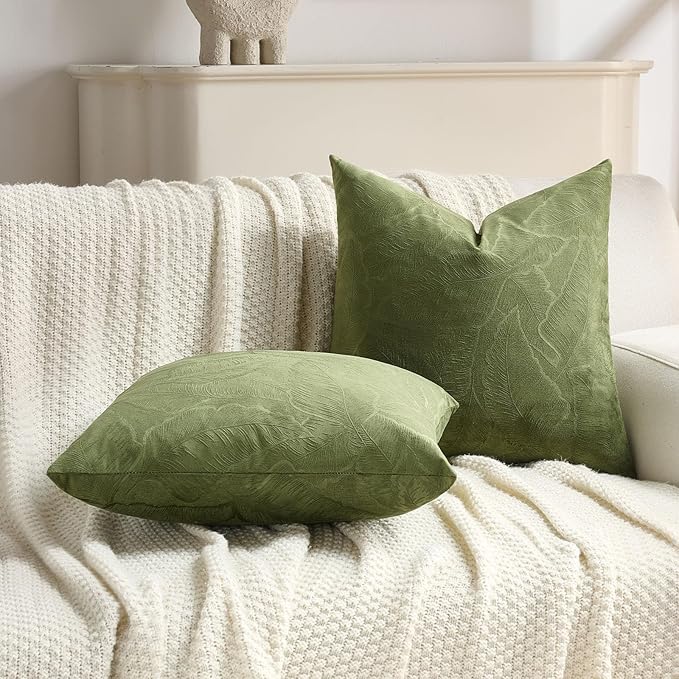 FUTEI Moss Green Velvet Throw Pillow Covers 24x24 Inch Set of 2,Soft Embossed Leaf-Relief Textured European Cushion Cases,Natural Home Decor for Couch Living Room