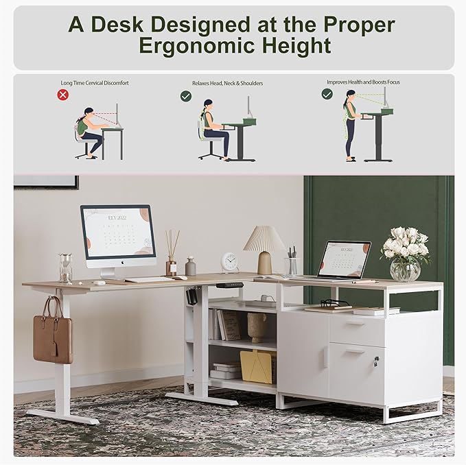 BANTI Executive L Shaped Standing Desk, 66 Inch with 2-Drawer File Cabinet, Electric Height Adjustable Stand up Desk, Home Office Computer Desk with Shelves, Light Walnut Top