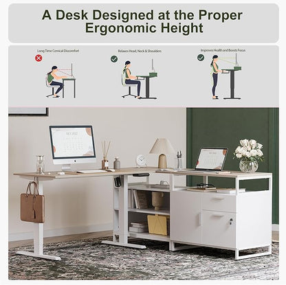 BANTI Executive L Shaped Standing Desk, 66 Inch with 2-Drawer File Cabinet, Electric Height Adjustable Stand up Desk, Home Office Computer Desk with Shelves, Light Walnut Top