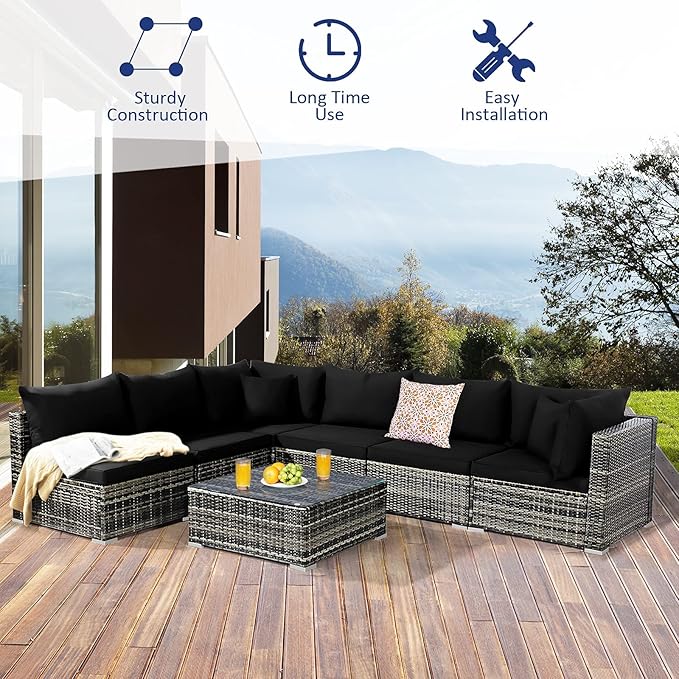 Tangkula 7 Pieces Patio Rattan Furniture Set, Patiojoy Outdoor Conversation Set with Cushions and Tempered Glass Coffee Table, All-Weather Sectional Sofa Set for Garden, Lawn, Backyard (Black)