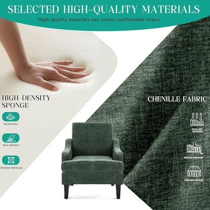 Modern Accent Chairs Set of 2 Upholstered Reading Chair for Bedroom with Side Pockets Comfy Living Room Chairs Living Room Oversized Armchair for Office, Apartment (Green Chenille)