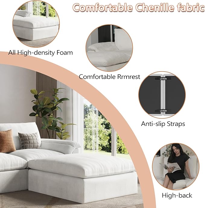 EASE MOOSE Oversized Boneless Cloud Couch for Living Room, Modular Sectional Sofa L-Shape, Cloud Sofa Set with Fluffy Foam, 4-Seat Deep Comfy Sofa with Ottoman for Bedroom Apartment, Chenille (White)