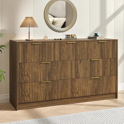 Walnut Fluted 7 Drawer Dresser Bedroom,55” Wide Mid Century Wood Dresser with Gold Handles, Chest of Drawer Wooden TV Stand for Closet,Bedroom,Living Room,Walnut