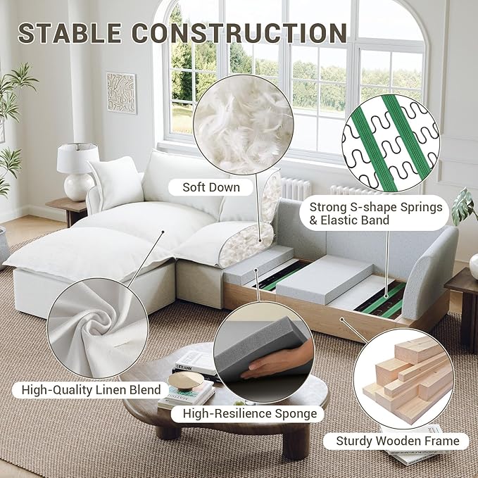 48” Oversized Chaise Lounge Chair, Modular Sectional Sofa, Down Fill Cloud Couch with Washable Cover, Single Seater with Ottoman, Sectional Couches for Living Room Apartments, Cream White