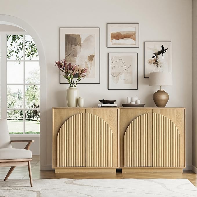 win2win Fluted Sideboard Buffet Cabinet with Storage, 31.5" Modern Boho Accent Cabinet with Double-Layered Arch Doors, Small Wood Console Credenza for Living Room, Dining Room, Entryway, Hallway, Oak