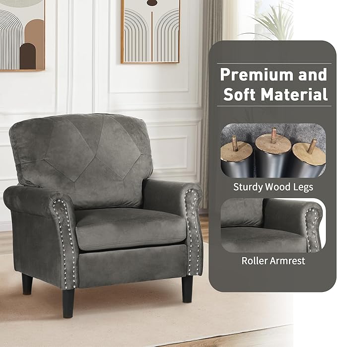 Accent Chairs for Living Room, Set of 2 Mid-Century Modern Upholstered Armchairs, Comfy Velvet Chair w/Wood Legs & Nailhead Trim, Wingback Chair for Bedroom, Grey