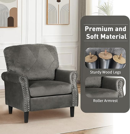 Accent Chairs for Living Room, Set of 2 Mid-Century Modern Upholstered Armchairs, Comfy Velvet Chair w/Wood Legs & Nailhead Trim, Wingback Chair for Bedroom, Grey