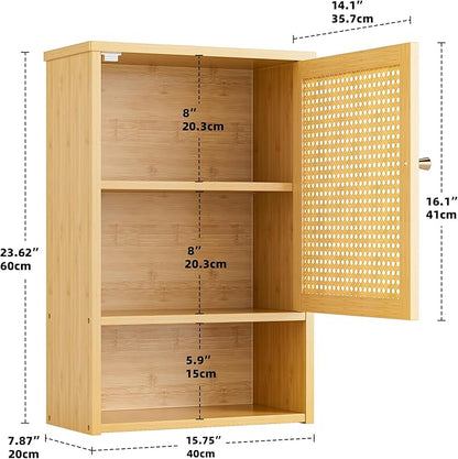 Bathroom Wall Cabinet, Bamboo Over-The-Toilet Storage Organizer with Rattan Doors and Adjustable Shelf, Space Saver Medicine Cabinet for Laundry, Kitchen, Living Room (Natural)