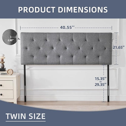 Linen Upholstered Headboard Twin Size, Diamond Tufting Solid Wood Twin XL Headboard Only, Adjustable Height from 37” to 51” Head Board, Dorm Bed Frame or Wall Mount Headboards, Light Grey