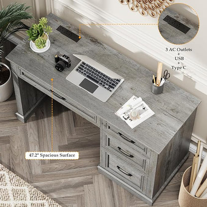 Farmhouse 47" Executive Desk, Computer Desk with Drawers and File Drawer, Workstation Computer Desk with Charging Station for Home Office,Study,（Grey）