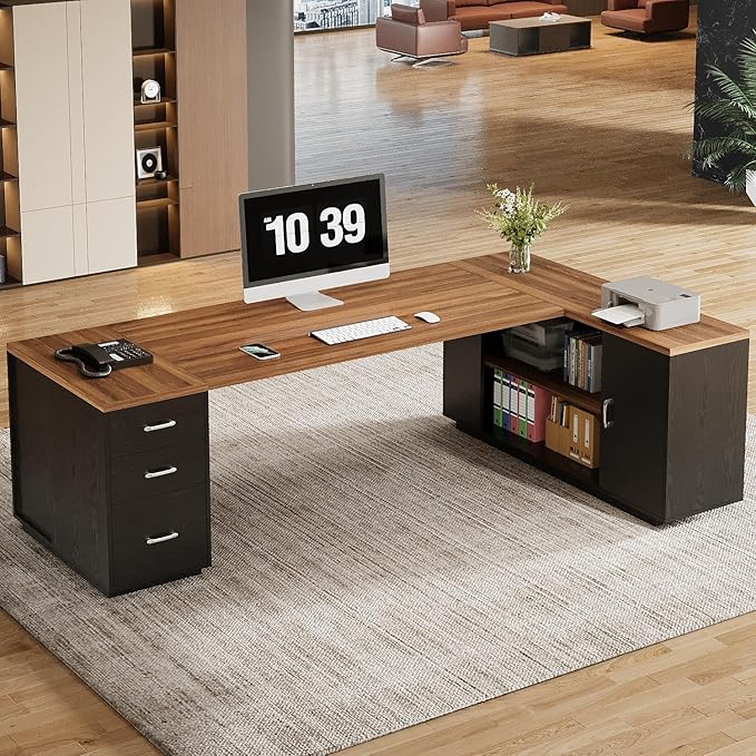 Tribesigns 85.8-Inch L-Shaped Executive Desk with File Drawers, Door Cabinet & Shelves, Extra Large Commercial Office Desk, Modern Professional Office Table, Business Furniture, Warm Brown & Black