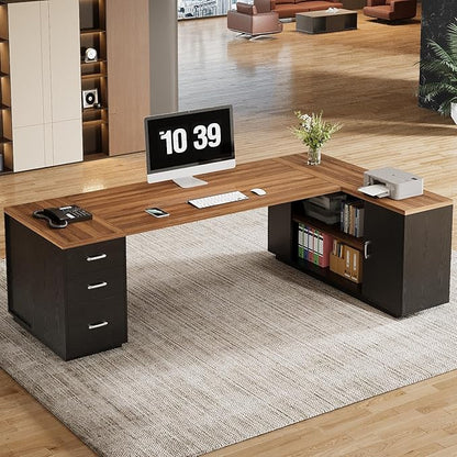 Tribesigns 85.8-Inch L-Shaped Executive Desk with File Drawers, Door Cabinet & Shelves, Extra Large Commercial Office Desk, Modern Professional Office Table, Business Furniture, Warm Brown & Black