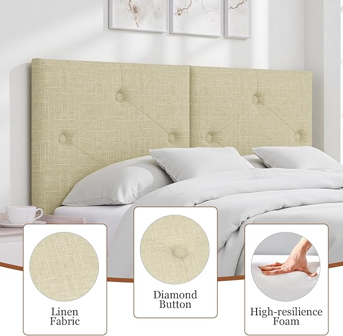 Upholstered King Size Headboard, Linen Fabric Headboard with Solid Wood & Sturdy Metal Legs, Adjustable Height Bed Headboards King Tufted in Modern Button Design, Linen