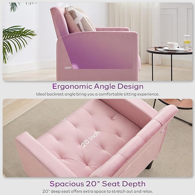TYBOATLE Mid-Century Fabric Tufted Accent Living Room Armchairs, Comfy Modern Upholstered Bedroom Office Armchair Single Sofa, Reading Lounging Side Lounge Chair Living Room Furniture (Pink)