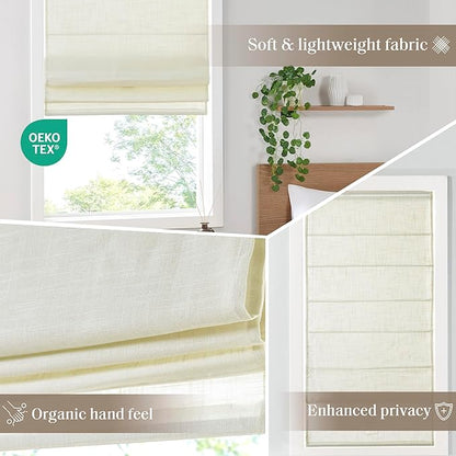 Madison Park Kyler Cordless Roman Shades - Single Panel, Lightweight Linen Blend Fabric, Natural Design, Easy Installation, Light Filtering Window Blind, Bedroom, Living Room Decor 29"W x 64"H Ivory