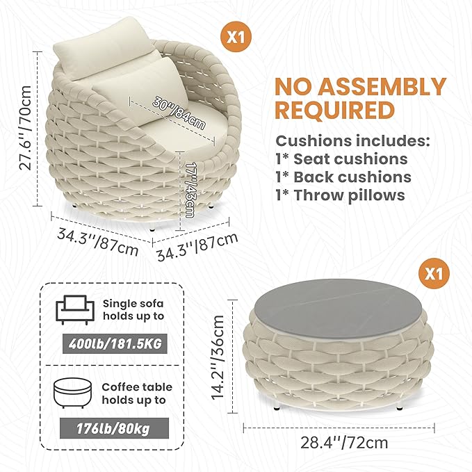 Woven Rope Patio Chair and Table Set: 2 Pieces Aluminum Front Porch Furniture Set - Assembled Outdoor Deck Lounge Armchair Set Cushioned - for 400 lbs Balcony Pool Yard Garden Hotel Lanai, Beige