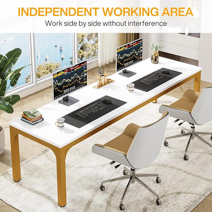 Tribesigns Modern 78.7 Inches Extra Long Computer Desk 2 Person Desk, Double Long Desk, Workstaion for Home Office, White+Gold