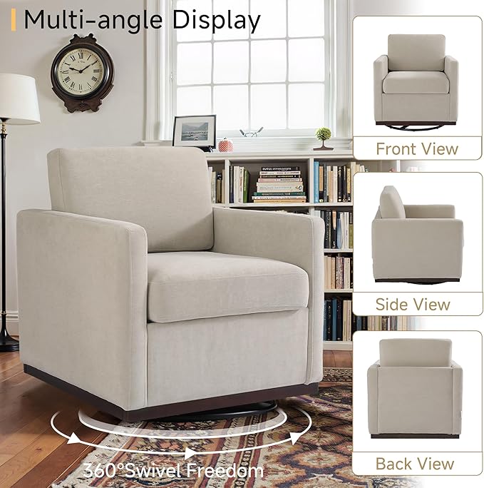 Pia Ricco Single Swivel Barrel Chair, Mid-Century Modern Accent Armchair with Plush Chenille Upholstery for Living Room & Cozy Reading Nook, Sand