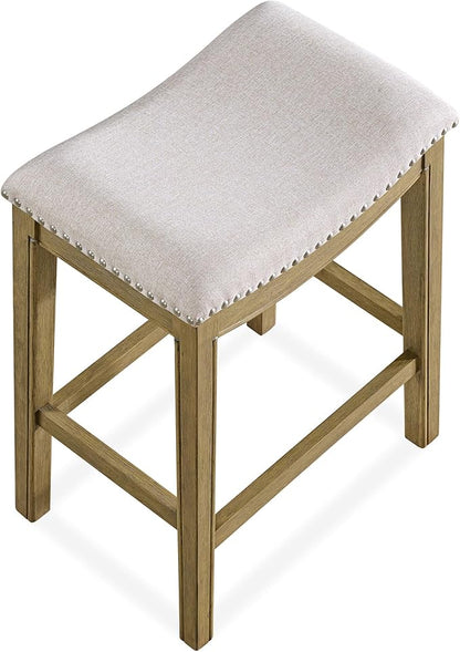ROME + OAK Set of 3 Parker 26" Counter Stool, Backless Saddle Kitchen Barstool in Natural Wood Finish with Wheat Cream Fabric Upholstery Cushion Seat