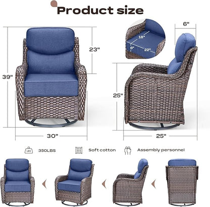 Rilyson 6 Piece Outdoor Patio Swivel Rocker Chairs, Waterproof Wicker, High Back, Deep Seating, Wide Armrest, Upgraded 6 inch Thick Cushions, Side Table, Ideal for Deck Porch Yard, Brown/Blue
