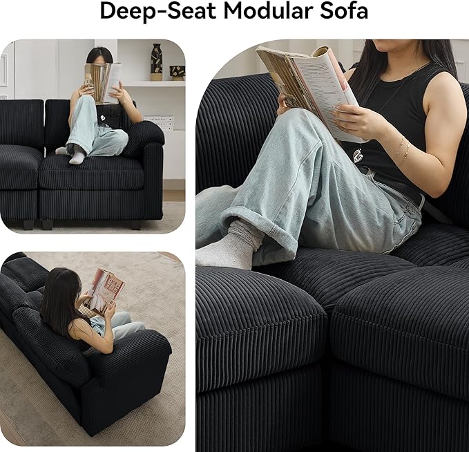 87'' V-Shaped Sectional Sofa Couch, 5-Seater Modular Couches for Living Room, Corduroy Deep Seat Cloud Sofa with Center Stitched, Black