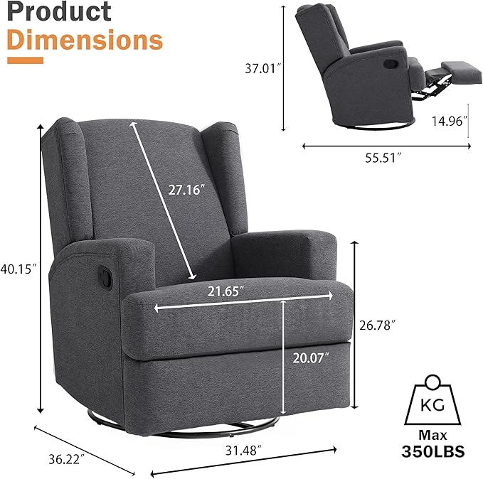 Swivel Glider Recliner Chairs Set of 2 for Adults - High Back Rocker Recliners with Deep Seat, Comfortable & Quiet Upholstered Fabric Armchairs for Living Room or Nursery, Manual Reclining-Gray