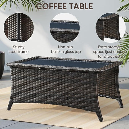 Swivel Patio Chairs Sofa Set of 6 with 6" Thick Cushion - Wicker Outdoor Swivel Rocker Patio Chair,Sofa/Glass Coffee Table, High Back Comfortable Outdoor Glider Chairs - Brown Wicker | Beige Cushions