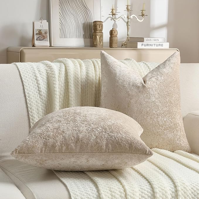 FUTEI Beige Flannel Throw Pillow Covers 24x24 Inch Set of 2,Soft Dimensional Textured European Cushion Cases,Modern Home Decor for Couch Living Room